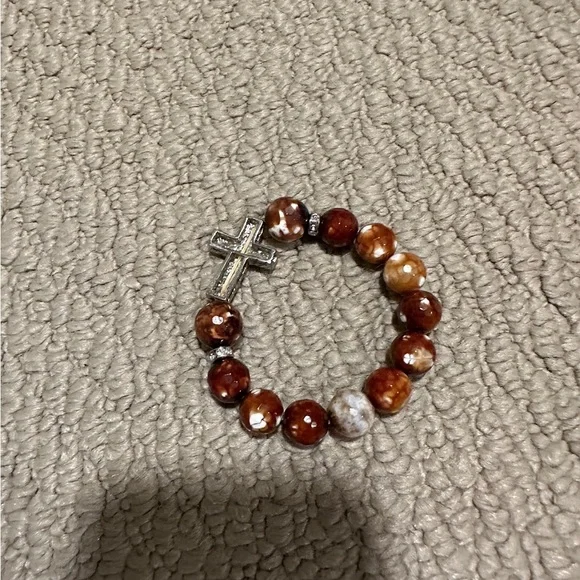 Brown Beaded Bracelet with Silver Cross - Picture 1 of 2